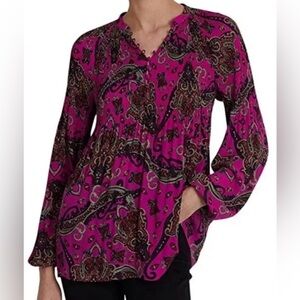 Lauren Ralph Lauren Georgette Blouse Covered Buttons Lantern Sleeve Magenta  XL